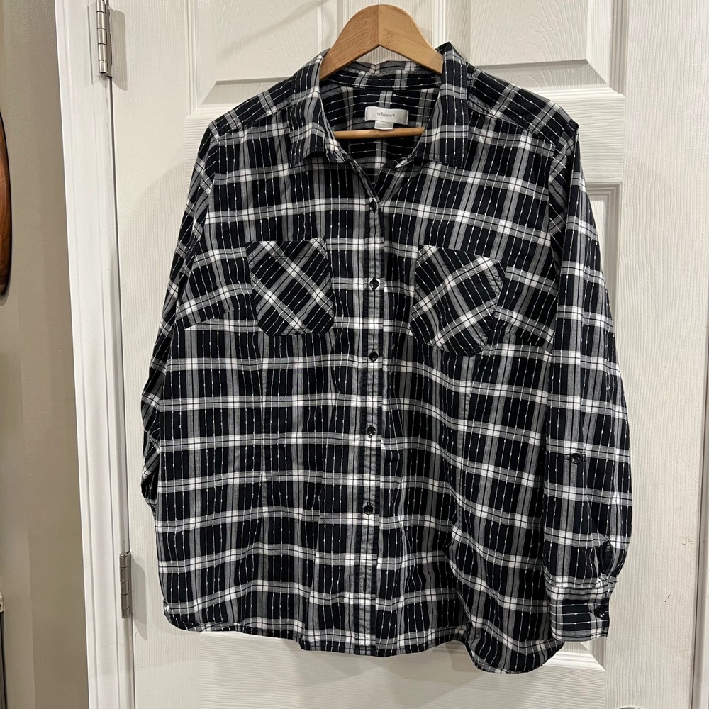 CJ Banks Womens 3X Black White Plaid Cotton Button Down Shirt Long Sleeve Pocket